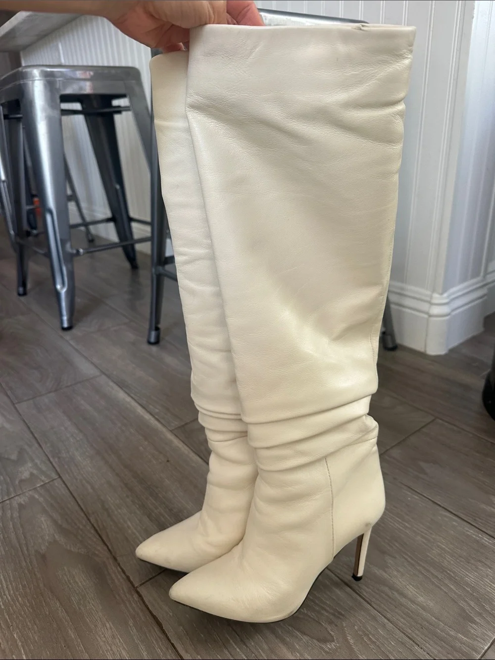 Women’s Cream Knee-High Pointed Toe Boots